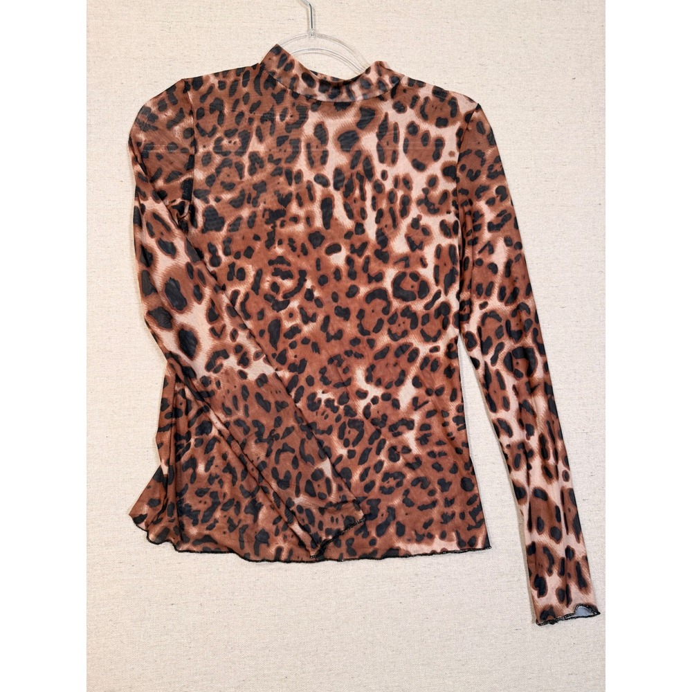 Leopard Print Sheer Mesh Mock Neck Long Sleeve Top Lettuce Edge Brown Black